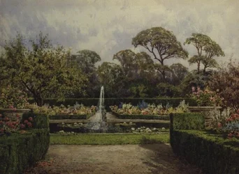 The Lily Pond Garden med en sirkulær dam og en kjerubfontene (akvarell og gouache)