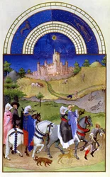 Faksimile av august: falkejakt, fra Très Riches Heures du Duc de Berry