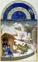Faksimile av februar: gårdsscene med bønder, kopiert fra «Très Riches Heures du Duc de Berry» (se originalen under 8434)