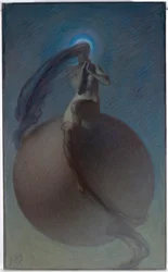 ""La quete"" (The Quest) Drømmelignende representasjon, kvinnelig silhuett plassert på en globus - Maleri av Lindsay Bernard Hall (1859-1935) ca. 1905 - Olje på lerret Dim 154x94,5 cm National Gallery of Australia, Canberra