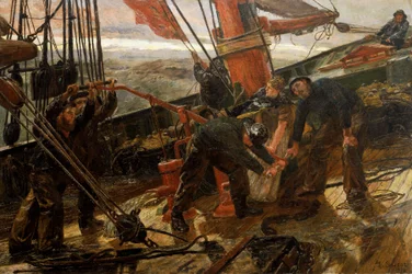Scene på dekket til en skonnert fanget i en storm, et sjødrama, alle sjømennene og kapteinens kone er samlet for å aktivere pumpen og trekke seilene og tauene.