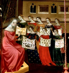 Jomfru Maria med klassekameratene viser håndarbeidsprøvetakere til læreren deres, detalj fra Jomfruens altertavle og St. George, ca. 1390-1400 (tempera på panel)