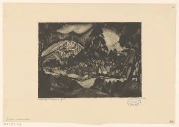 Kupert landskap med trær og bygninger Le Soir (original tittel på objekt)