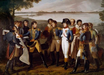 Napoleon I beordret å legge en bro over Donau ved Ebersdorf 19. mai 1809. General Henri Gatien Bertrand (1773-1844) presenterer planene for broen for å passere gjennom øya Lobau “” Detalj. Maleri av Ludovico Venuti (aktivt mellom 1799-1810)