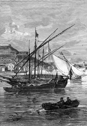 Illustrasjon til Jules Vernes roman "Keraban den sta", Hetzel-samlingen/Ekstraordinære reiser, 1883. Tegning av Léon Benett: havnen i Kertsj (Krim), ved Jenikale-stredet, mellom Svartehavet og Azovhavet.
