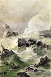 Illustrasjon av Jules Vernes roman «L#39;île a helice», Hetzel-utgaven/Voyages extraordinaire 1895, tegning av Léon Benett. Den gigantiske flytende øya begynner å brytes opp og synke.
