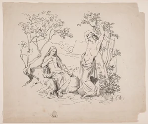 En sittende kvinnelig og en stående mannlig figur