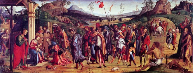 Adoration of Magi av Lorenzo Costa (1460-1535), olje på lerret, 75x181 cm