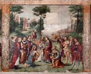 St. Cecilias liv: Den hellige gir eiendelene hennes til de fattige (fresco