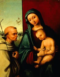 Madonna med barn og St Francis av Lorenzo Costa (ca 1537-1583), detalj