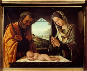 Nativitt tremaleri av Lorenzo Costa (1460-1535) 1490 Dim. 0,65x0,85 m Lyon, Musee des Beaux Arts