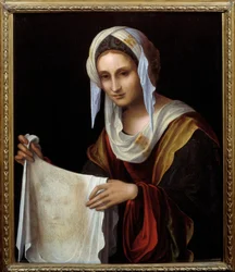 Den hellige Veronica. Det hellige sløret forestiller Kristi ansikt, hvis svette Veronica skal ha tørket under oppstigningen til Golgata. Maleri av Lorenzo Costa (1460-1535). Mål: 0,64 x 0,54 m.
