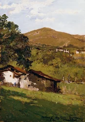 Våningshus blant grøntområder (Pre-Alps of Biella), av Lorenzo Delleani (1840-1908), olje på panel, 44,9x30,7 cm