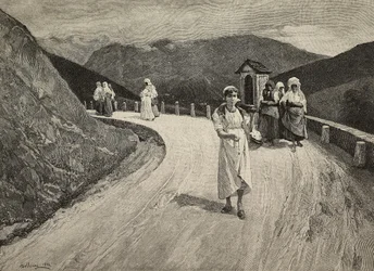 På Sacred Way, kvinnelig pilegrim som går langs stien, Brera, United Expositions, Milano, Italia, gravering av F Cantagalli fra maleri av Lorenzo Delleani (1840-1908) fra L