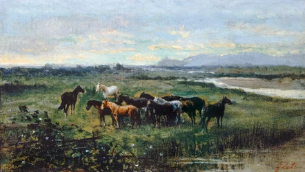 Wild Horses, ca 1870, av Lorenzo Gelati (1824-1893), olje på lerret overført på panel, 21x37 cm