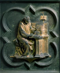 North Gate (kalt Gate of the Cross, mot nord), utvendig detalj: Saint Jerome. Bronseskulptur laget av Lorenzo Ghiberti (1378-1455)
