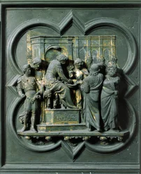 Nordport (kalt korsets port, i nord), ytre detalj: "Kristus står overfor Pontius Pilatus (Pontius Pilatius)" Bronseskulptur laget av Lorenzo Ghiberti (1378-1455)