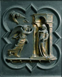 North Porte (kalt Gate of the Cross, mot nord), utvendig detalj: Bebudelsen. Bronseskulptur laget av Lorenzo Ghiberti (1378-1455)
