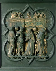 North Porte (kalt Porte de la Croix, i nord), eksteriørdetalj: "" Pentecote"" Bronseskulptur laget av Lorenzo Ghiberti (1378-1455)