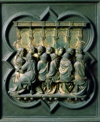 North Porte (kalt Porte de la Croix, i nord), eksteriørdetalj: "" la Cene"" Bronseskulptur laget av Lorenzo Ghiberti (1378-1455)