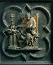 North Porte (kalt Porte de la Croix, nord), eksteriørdetalj: Saint Ambrose. Bronseskulptur laget av Lorenzo Ghiberti (1378-1455)