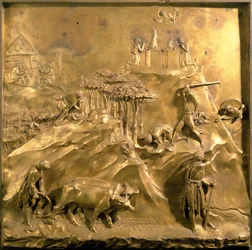 The Story of Cain and Abel: The Sacrifice, The Murder of Abel and God Banishing Cain, originalt panel fra East Doors of the Baptistery, 1425-52 (forgylt bronse) (etter restaurering)