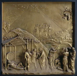 Historien om Noah: utvandringen fra arken, Noahs drukkenskap og hans offer til Gud, ett av ti relieffpaneler fra paradisets porter (østdører), 1425-52 (forgylt bronse) (se også 87652-53