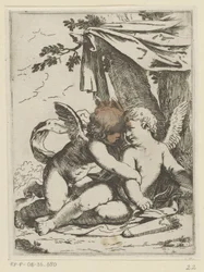 To putti under en teltduk