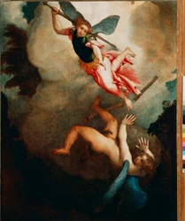 Saint Michael Hunting Lucifer-maleri av Lorenzo Lotto (1480-1556) 1551-1555 Søn. 167x135 cm Loreto, Palazzo Apostolico