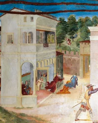 St Barbara angrepet av faren hennes, detalj fra Christ-Vine and Legend of Saint Barbara av Lorenzo Lotto (ca. 1480 - 1556), fresco, detalj, Villa Suardi, Capella Suardi, Trescore Balneario