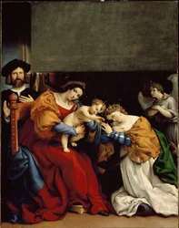 St. Katarinas mystiske ekteskap Det mystiske bryllupet til St. Katarina av Alexandria» Til venstre Niccolo Bonghi, malerens utleier. Maleri av Lorenzo Lotto (ca. 1480-1556) 1523 Dim. 189 x 134 cm Bergamo, Accademia Carrara
