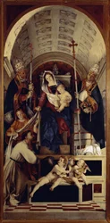 Jomfruen og barnet med Saint Dominica, Saint Gregoire og Saint Urban - Sentral del av Recanati polyptic (1508, olje på tre)