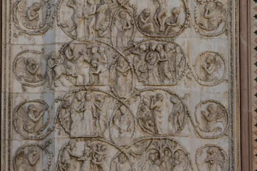 Scener fra Kristi liv, historier fra Det nye testamente, basrelieffer av Lorenzo Maitani (før 1275-1330), tredje søyle, fasade av Orvieto-katedralen, Umbria, Italia