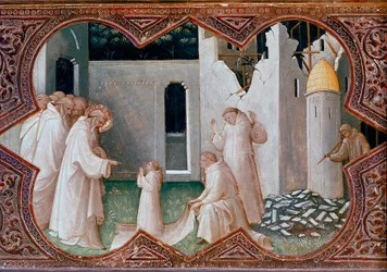 Altertavle med Jomfruens kroning: «Den hellige Benedikt av Nursia vekker en munk til live». Tempera på tre (1370-1424), 1413. Firenze, Uffizi-galleriet