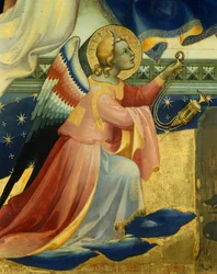 Knelende engel, detalj fra sentralpanelet til Coronation of Virgin av Lorenzo Monaco (ca. 1370-1425), tempera og gull på panel, 506x447, 5 cm