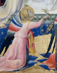 Knelende engel, detalj fra sentralpanelet til Coronation of Virgin av Lorenzo Monaco (ca 1370-1425), tempera og gull på panel, 506x4475 cm