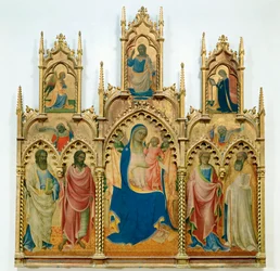 Madonna og Jesusbarnet, helgener; øverst: Bebudelse (tempera på tre)