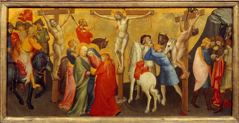 Midtpanelet for korsfestelsen til altertavlens predelle er beregnet på Nobili-kapellet i kirken Santa Maria degli Angeli i Firenze. Maleri av Lorenzo Monaco (1365/70 - 1425)