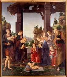 Tilbedelse av hyrdene Maleri av Lorenzo di Credi (1458-1537) 1400-tallet Sun. 2,24x1,96 m Firenze, galleria degli Uffizi (kontorer)