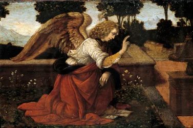 Detalj av "" Bebudelsen"" Maleri av Lorenzo di Credi (1458-1537) 1400-tallet Søn. 0,16x0,6 m (Erkeengelen Gabriel). - Gabriel - Detalj av kunngjøringen. Maleri av Lorenzo di Credi (1458-1537)