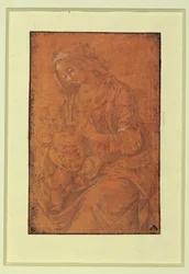 Madonna. Sølvspiss, forhøyet i hvitt på lakserosa papir ...