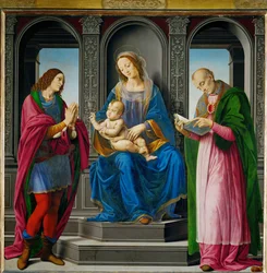 Madonna og barnet, omgitt av Sankt Julian og Sankt Nikolaus av Myra …