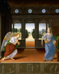 Bebudelsen og tre historier fra 1. Mosebok ca. 1480-85 (tempera på trepanel)