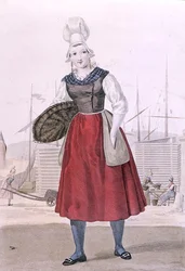 Tradisjonell drakt av en fiskeselger av Dieppe, gravert av Gatine ca. 1820 (fargegravering)