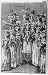Illustrasjon av Louis Binet (1744-1800) til Nicolas Edme Restif de La Bretonnes bok «De parisiske kvinnene, eller XL allmenne karakterer hentet fra samtidens skikker, egnet til undervisning av personer av kvinnekjønnet, fra memoarene til det nye lyceet