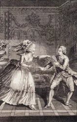 Den subtiliserte myke billetten (libertinage) - i "" Les francaises eller 34 eksempler valgt i gjeldende skikk for å lede døtre, kvinner, koner, mødre" av Restif de La Bretonne (1734-1806), ill. av Binet, Neufchatel