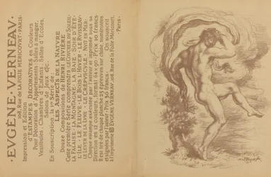Dansende nakenfigur og annonse for Eugène Verneaus Estampes décoratives [verso], 1897