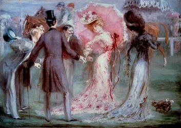 God tid: "" Veiing"" Menn som undersøker unge kvinner som insisterer på hesteveddeløp. Maleri av Louis Anquetin (1861-1932), privatsamling fra det 20. århundre