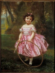 Mademoiselle Ehrler: Liten jente leker med en bøyle, maleri av Louis Antoine Leon Riesen (1808-1878)