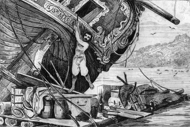 Jeg gikk ned på flåten min, så satte jeg meg til sjøs... gravering etter tegningen av M. de Sainson for boken til Daniel Defoe (De foe) Robinson Crusoe” fransk utgave av 1837.